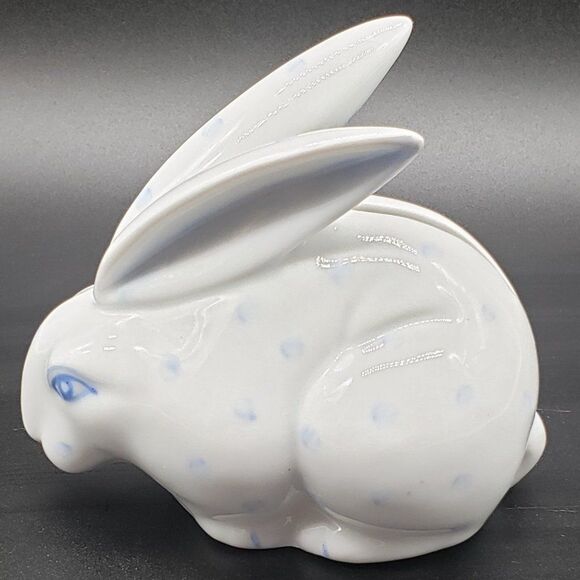 Abbott Collection Small White Porcelain Blue Spotted Rabbit Coin Bank w/Stopper - Picture 10 of 16